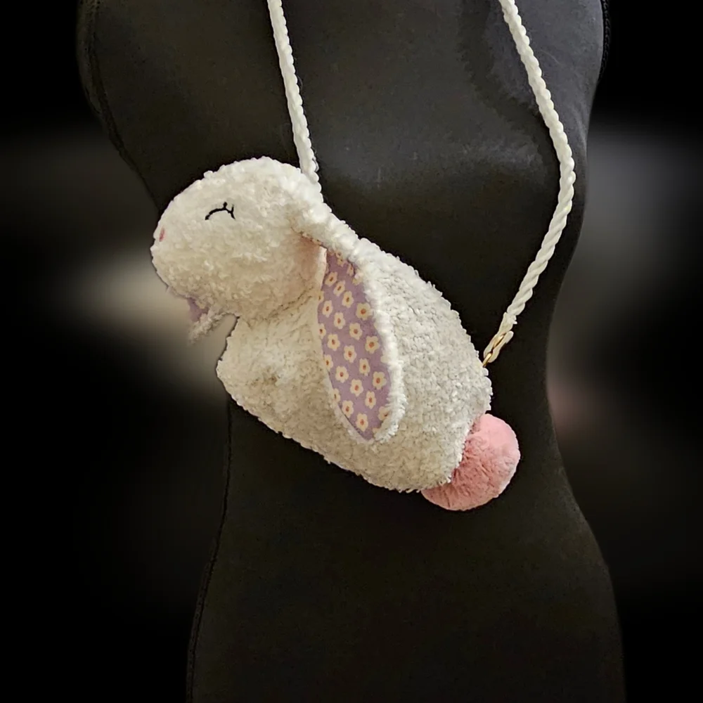H&M Kids Fluffy Sherpa Bunny Crossbody Purse Floral Lining- Novelty Bag